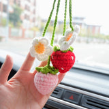 2Pcs Crochet Car Mirror Accessory- Fluffy Strawberry