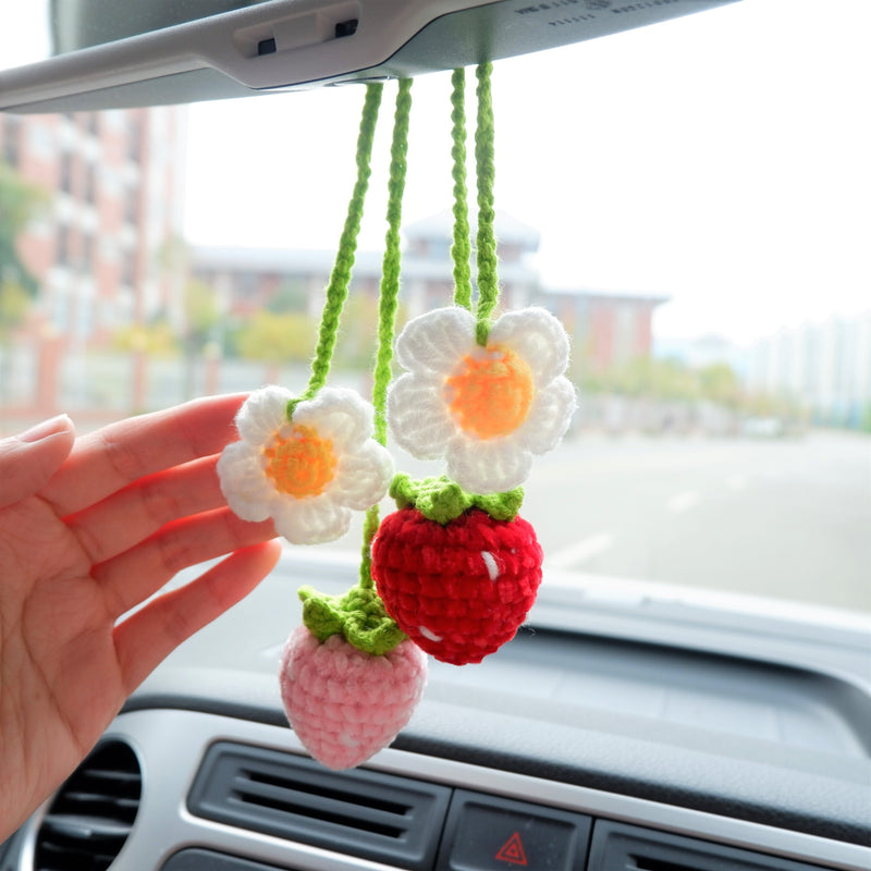 2Pcs Crochet Car Mirror Accessory- Fluffy Strawberry