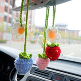 2Pcs Crochet Car Mirror Accessory- Fluffy Strawberry