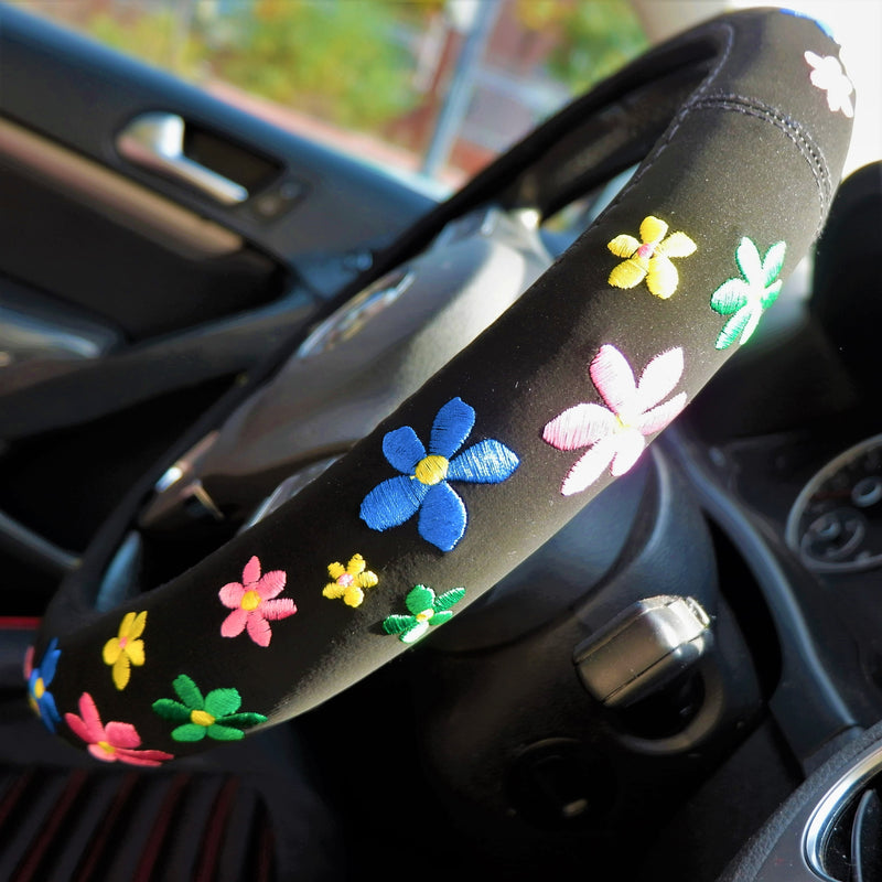 Embroidered Flowers Steering Wheel Cover