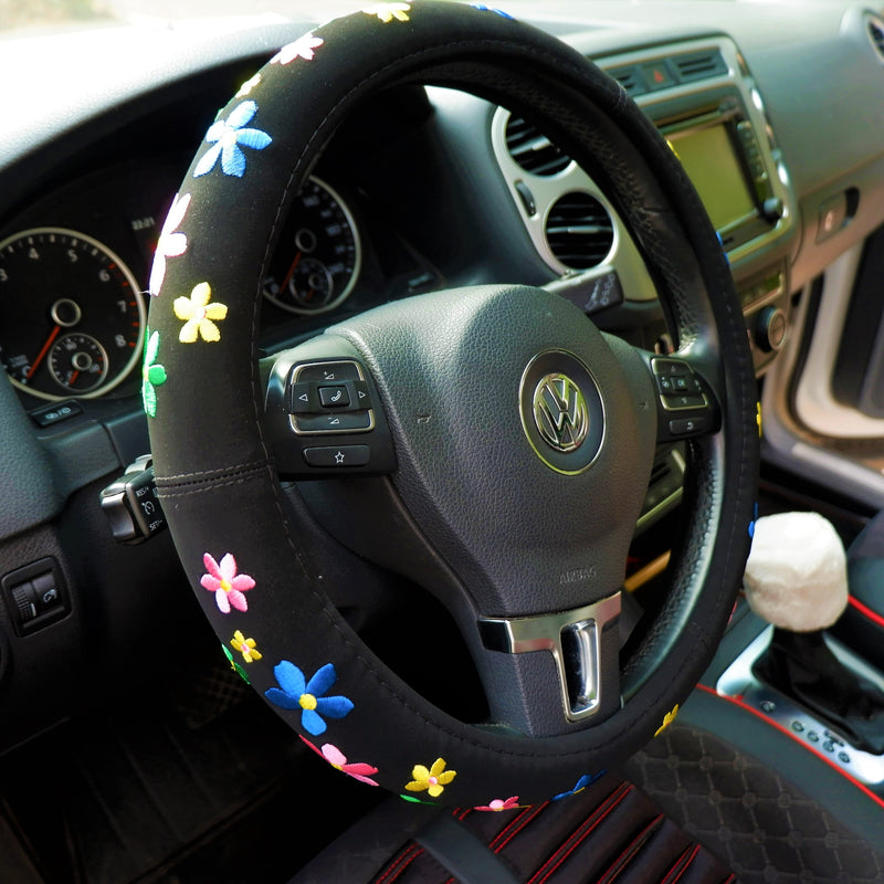 Embroidered Flowers Steering Wheel Cover