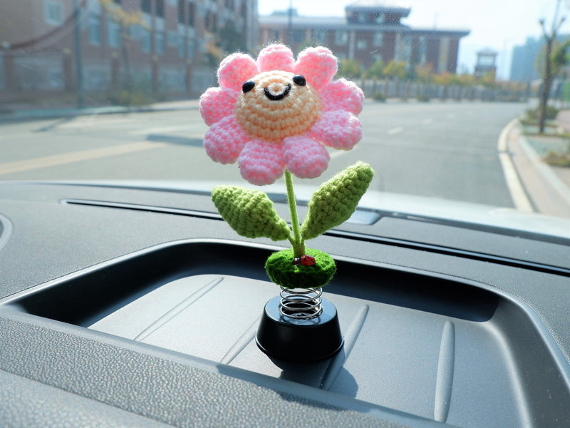 Crochet Car Dashboard Accessories- Pink Smiley Sunflower