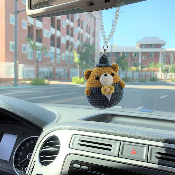 Cute Bear Car Mirror Accessories, Crochet Mr. Bear Car Rear Mirror Hanging Accessories, Kawaii Animal Car Mirror Hanging Charm, Crochet Egg