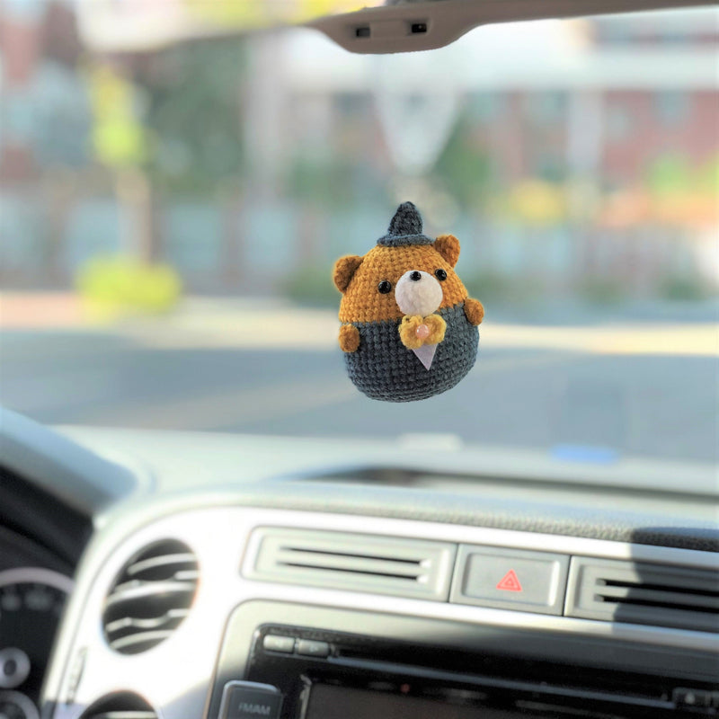 Cute Bear Car Mirror Accessories, Crochet Mr. Bear Car Rear Mirror Hanging Accessories, Kawaii Animal Car Mirror Hanging Charm, Crochet Egg