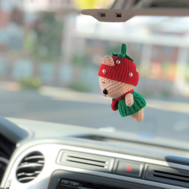 Cute Car Mirror Hanging Accessories, Crochet Strawberry Piggy Car Rear Mirror Accessories, Kawaii Animal Car Interior Decoration