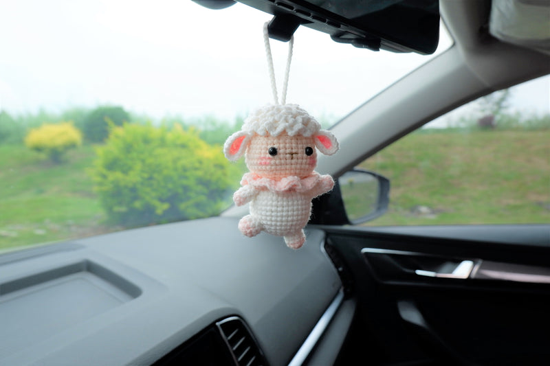 Crochet Car Mirror Hanging Accessory- Sheep