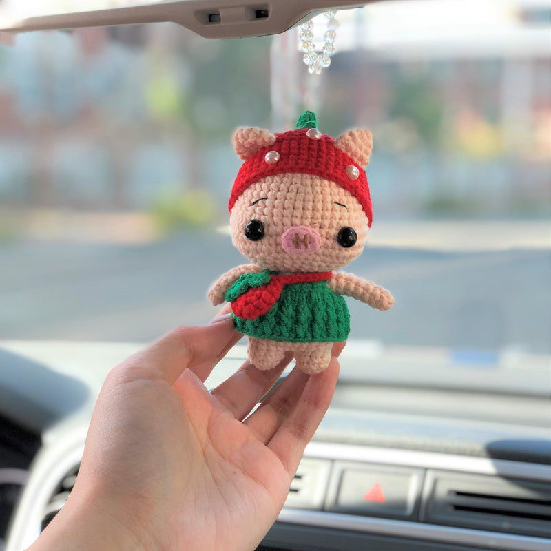 Cute Car Mirror Hanging Accessories, Crochet Strawberry Piggy Car Rear Mirror Accessories, Kawaii Animal Car Interior Decoration