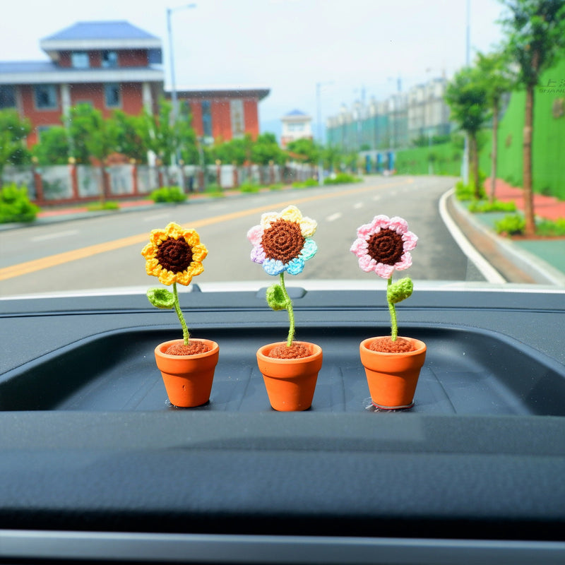 2Pcs Mini Sunflower Car Accessories, Crochet Rainbow/Yellow/Pink Sunflower Car Dashboard Decor, Cute Mini Car Accessories for Women Boho