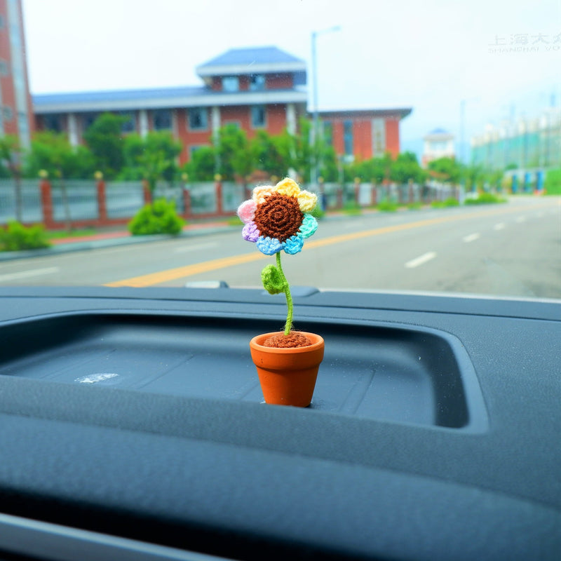 2Pcs Mini Sunflower Car Accessories, Crochet Rainbow/Yellow/Pink Sunflower Car Dashboard Decor, Cute Mini Car Accessories for Women Boho