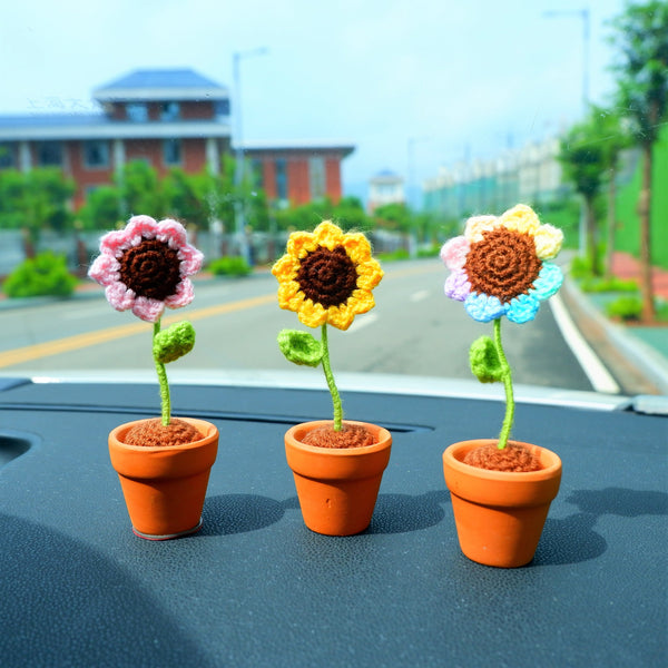 2Pcs Mini Sunflower Car Accessories, Crochet Rainbow/Yellow/Pink Sunflower Car Dashboard Decor, Cute Mini Car Accessories for Women Boho