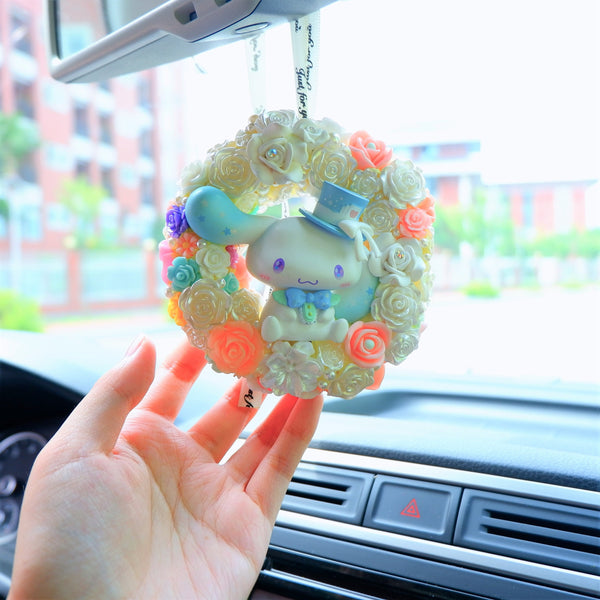 Car Rear View Mirror Accessories, Decoden Cinnamoroll/My Melody Car Mirror Hanging Accessories, Wreath Car Mirror Charm for Women/Teen