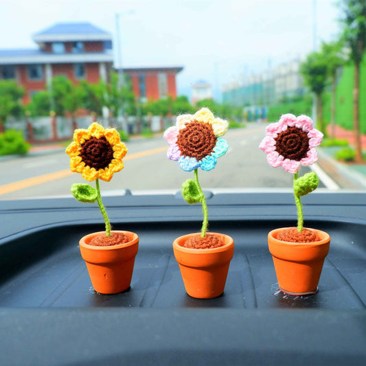 Crochet Mini Sunflower Car Dashboard Accessories- Rainbow/Yellow/Pink
