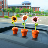 2Pcs Mini Sunflower Car Accessories, Crochet Rainbow/Yellow/Pink Sunflower Car Dashboard Decor, Cute Mini Car Accessories for Women Boho