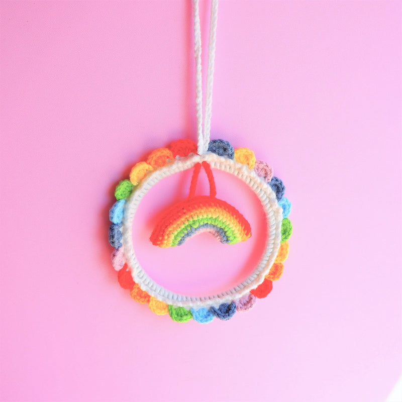 Crochet Rainbow Car Hanging Accessories, Cute Car Wreath Mirror Hanging Accessory for Women, Car Interior Decor Boho, Gift for Her