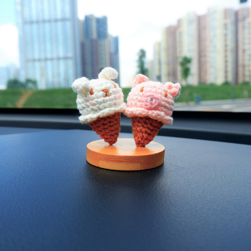 Kawaii Ice Cream Car Dashboard Decor, Crochet Bunny/Piggy Car Accessories, Cute Car Accessories for Teens/Women, Car Interior Decor