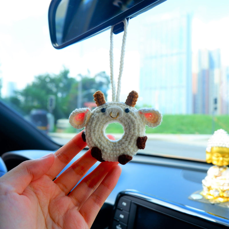 Crochet Car Hanging Charm, Cute Cow Donut Car Mirror Hanging Accessory for Women, Kawaii Car Interior Decor Boho, Gift for Her