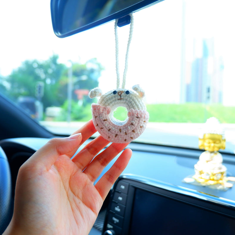 Crochet Car Hanging Charm, Cute Bunny Donut Car Mirror Hanging Accessory for Women, Kawaii Car Interior Decor Boho, Gift for Her