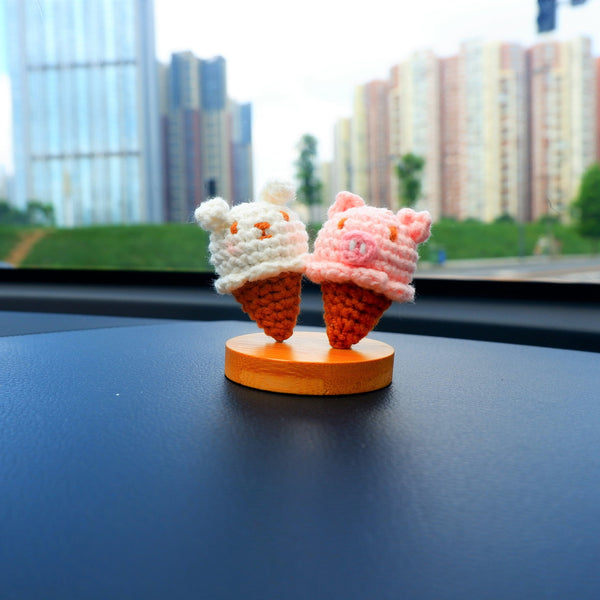 Kawaii Ice Cream Car Dashboard Decor, Crochet Bunny/Piggy Car Accessories, Cute Car Accessories for Teens/Women, Car Interior Decor