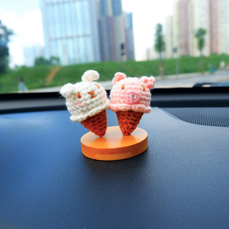 Kawaii Ice Cream Car Dashboard Decor, Crochet Bunny/Piggy Car Accessories, Cute Car Accessories for Teens/Women, Car Interior Decor