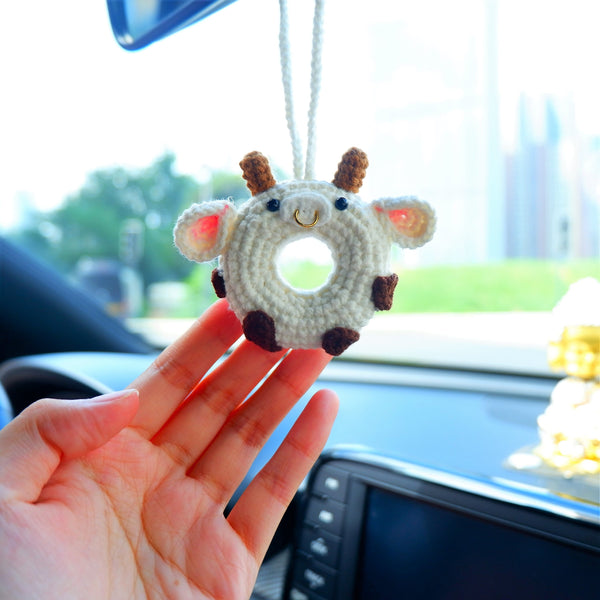 Crochet Car Hanging Charm, Cute Cow Donut Car Mirror Hanging Accessory for Women, Kawaii Car Interior Decor Boho, Gift for Her