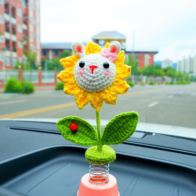 Cute Sunflower Car Accessories, Crochet Bunny Sunflower Car Dashboard Decor for Women, Boho Car Air Freshener, Christmas Gift