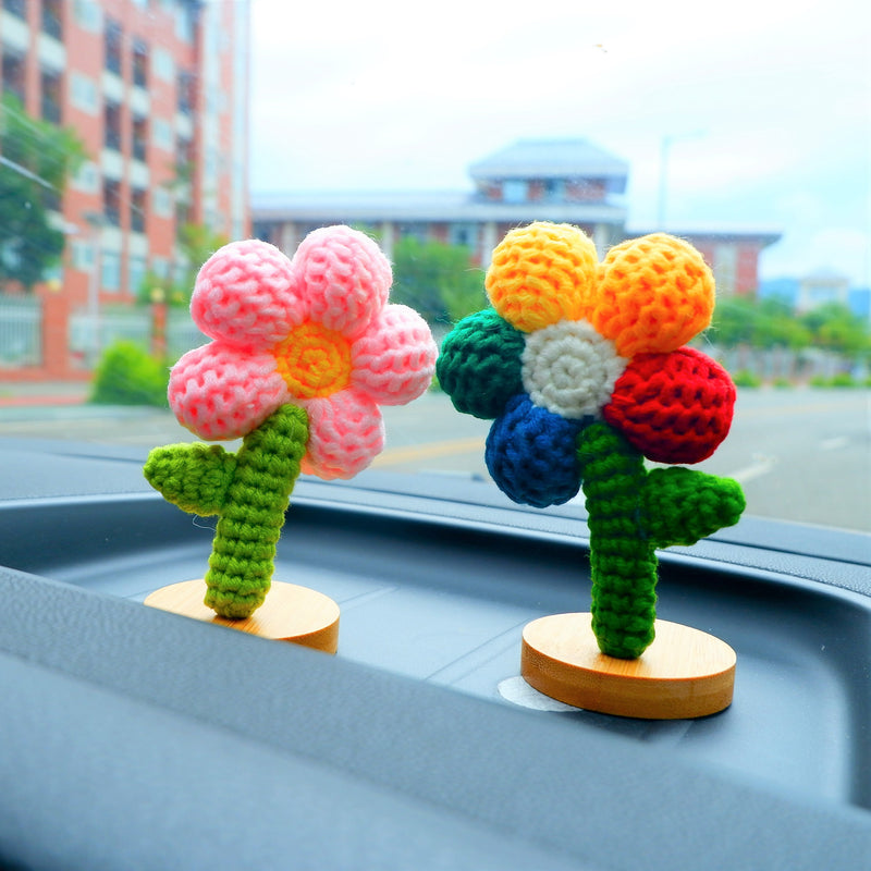 Crochet Rainbow Flower Car Accessories, Cute Little Flowers Car Dashboard Decor, Kawaii Colorful Car Interior Decoration, Christmas Gifts