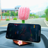 Crochet Sunflower/Tulip Car Phone Holder, Rainbow Smiley Sunflower Dashboard Decor, Boho Car Accessories for Women, Plant Car Phone Mount