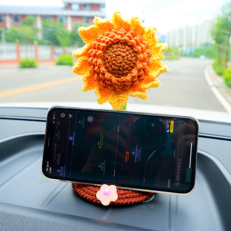 Crochet Sunflower/Tulip Car Phone Holder, Rainbow Smiley Sunflower Dashboard Decor, Boho Car Accessories for Women, Plant Car Phone Mount