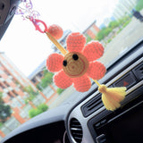 Crochet Pink Sunflower Car Hanging Accessory, Cute Smiley Sunflower Car Rear Mirror Hanging Accessory with Tassel, Car Interior Decor Boho