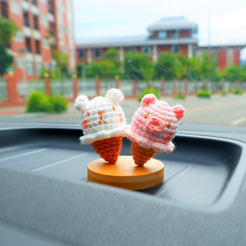 Kawaii Ice Cream Car Dashboard Decor, Crochet Bunny/Piggy Car Accessories, Cute Car Accessories for Teens/Women, Car Interior Decor