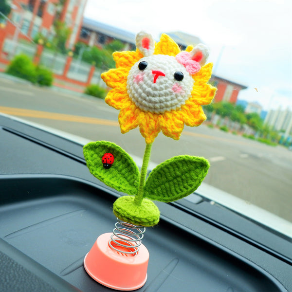 Cute Sunflower Car Accessories, Crochet Bunny Sunflower Car Dashboard Decor for Women, Boho Car Air Freshener, Christmas Gift