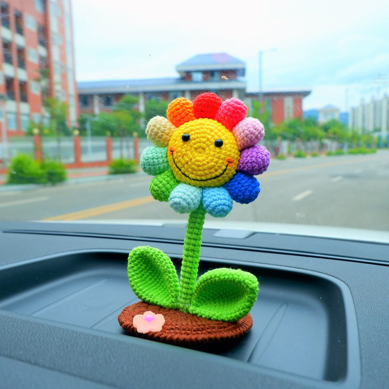 Crochet Sunflower/Tulip Car Phone Holder, Rainbow Smiley Sunflower Dashboard Decor, Boho Car Accessories for Women, Plant Car Phone Mount