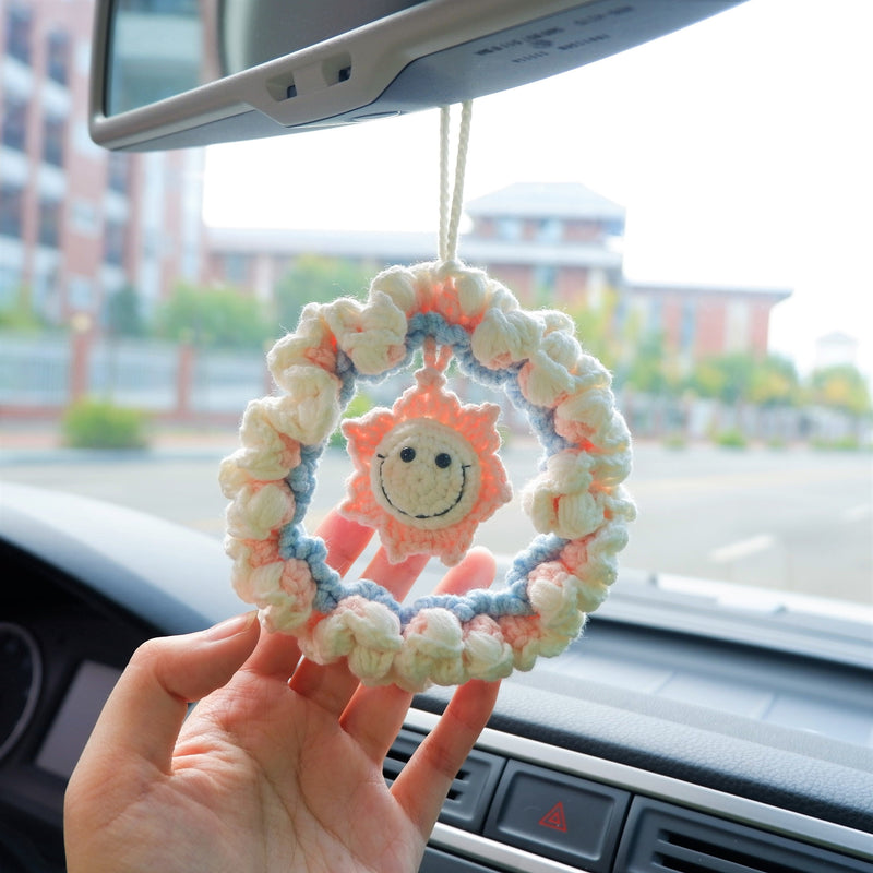 Crochet Wreath Car Accessories, Cute Peach/Smiley Sun/Sprout Mirror Hanging Accessory for Women, Car Interior Decor Boho, Gift for Her