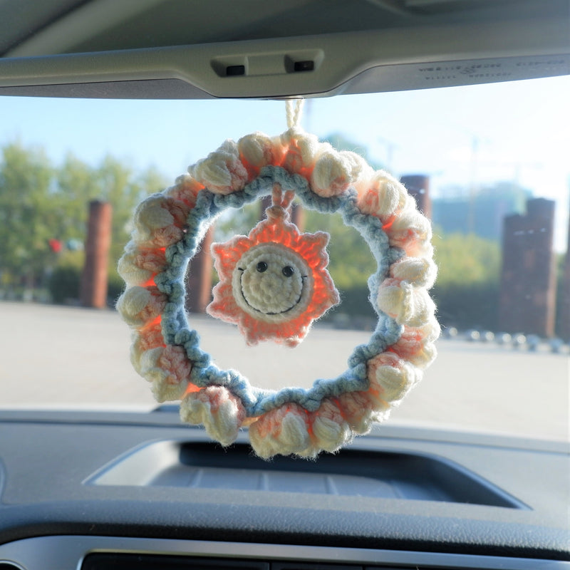 Crochet Wreath Car Accessories, Cute Peach/Smiley Sun/Sprout Mirror Hanging Accessory for Women, Car Interior Decor Boho, Gift for Her