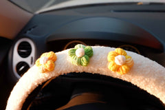 Crochet Steering Wheel Cover- Gradient Fluffy Flower