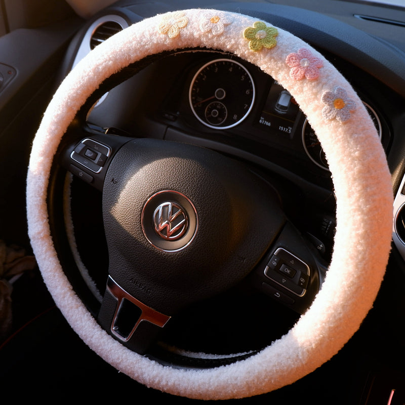 Daisy Embroidery Patch Steering Wheel Cover, Car Steering Wheel Cover for  Women, Cute Car Accessory Interior, Fuzzy Steering Wheel Cover 