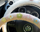 Cute Faux Wool Steering Wheel Cover, Flower/Daisy Patch Steering Wheel Cover, Car Accessories for Women, Steering Wheel Cover with Grip