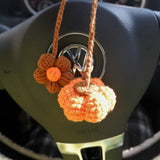 Crochet Pumpkin & Flower Car Hanging Accessories, Kawaii Pumpkin Car Rear View Mirror Hanging Accessory for Women, Car Interior Decor Boho