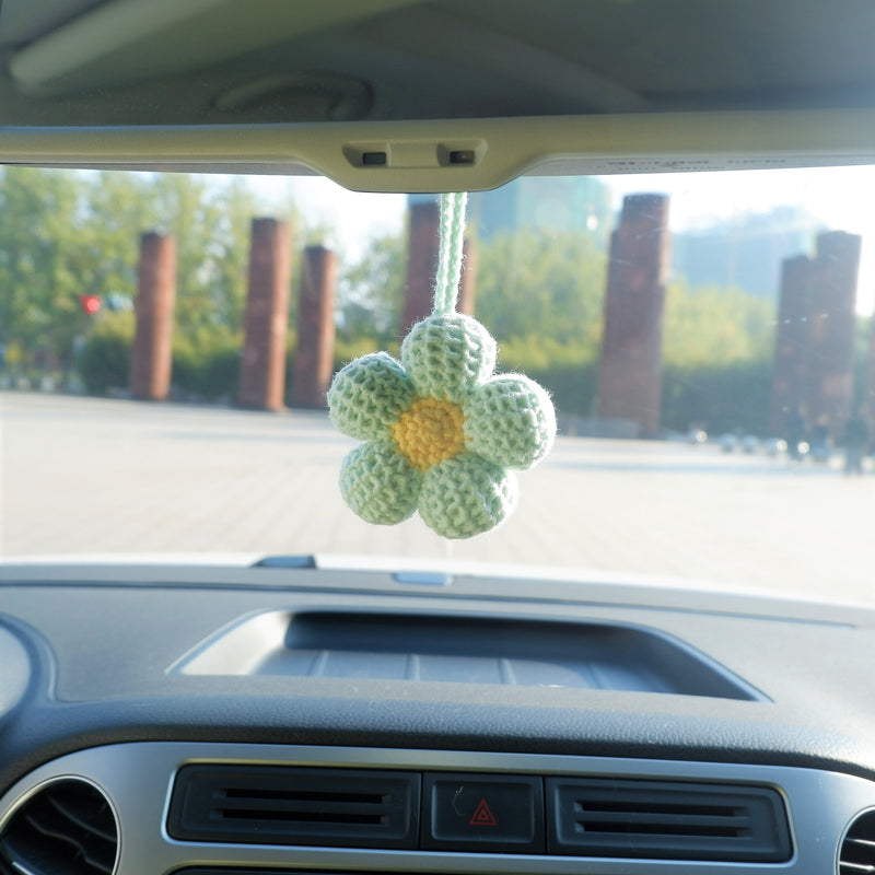 2Pcs Kawaii Waffle Flower Car Hanging Accessories, Crochet Flower Car Mirror Hanging Accessory for Women, Car Interior Decor Boho