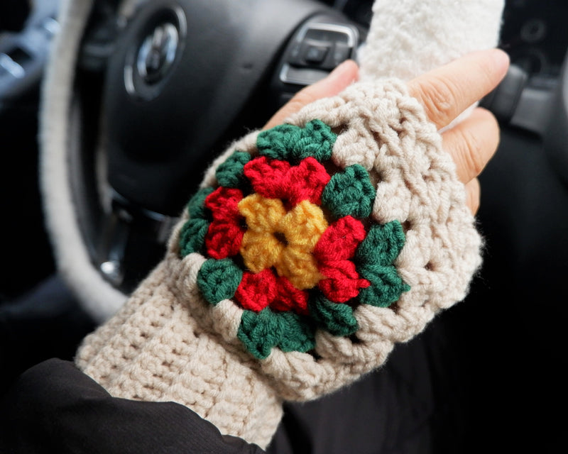 Crochet Driving Gloves, Knit Sunflower/Daisy Fingerless Driving Gloves, Boho Flower Gloves, Winter Warm Gloves, Car Accessories for Women