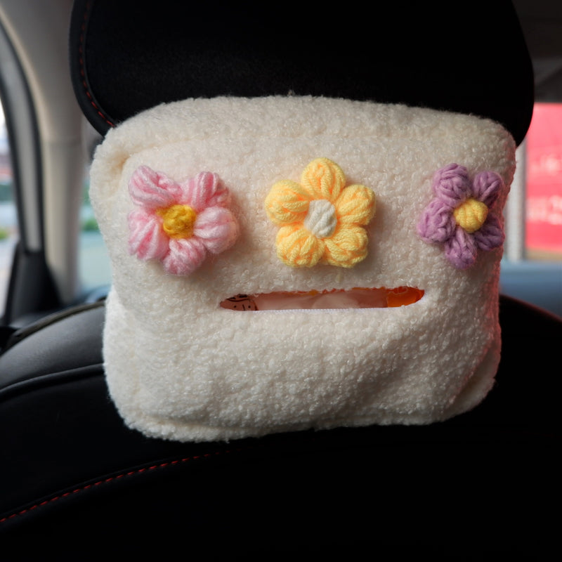 Crochet Fluffy Flower Car Tissue Box, Berber Fleece/Sherpa Car Tissue Box Holder, Cute Tissue Cover, Winter Car Accessories for Women