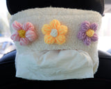 Crochet Fluffy Flower Car Tissue Box, Berber Fleece/Sherpa Car Tissue Box Holder, Cute Tissue Cover, Winter Car Accessories for Women