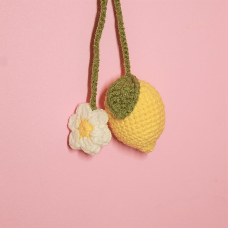 2Pcs Crochet Peach/Lemon/Pineapple Flower Car Mirror Hanging Accessories, Cute Fruit Theme Car Hanging Charm for Women, Car Interior Decor