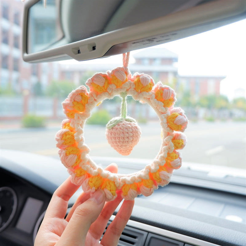 Crochet Wreath Car Accessories, Cute Peach/Smiley Sun/Sprout Mirror Hanging Accessory for Women, Car Interior Decor Boho, Gift for Her