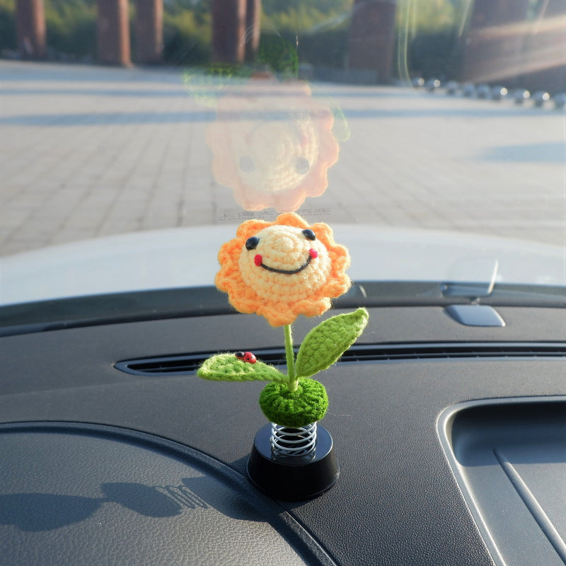 Cute Bobblehead Sunflower Car Dashboard Decor, Crochet Smiley Sunflower Car Accessories for Women, Boho Car Air Freshener, Christmas Gift