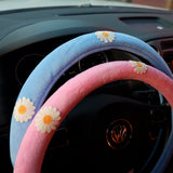 Cute Fleece Steering Wheel Cover, Daisy Steering Wheel Cover, Winter Plush Car Accessories for Women/Men, Handmade Steering Wheel Cover