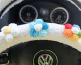 Crochet Gradient Fluffy Flower Steering Wheel Cover, Berber Fleece/Sherpa Swirls Steering Wheel Cover, Winter Car Accessories for Women