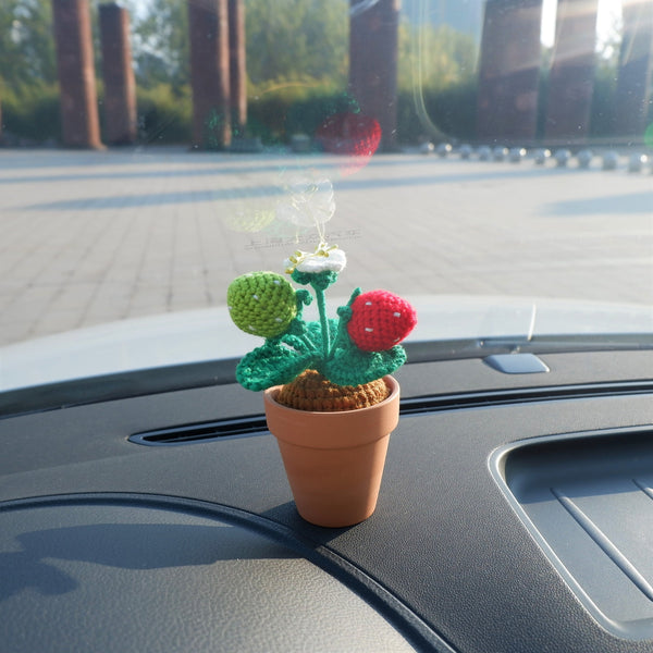 Crochet Mini Potted Plants, Strawberry Car Dashboard Decor, Kawaii Car Accessory for Women, Work from Home Gift, Office Desk Accessories