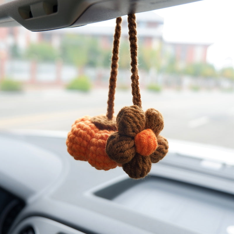 Crochet Pumpkin & Flower Car Hanging Accessories, Kawaii Pumpkin Car Rear View Mirror Hanging Accessory for Women, Car Interior Decor Boho