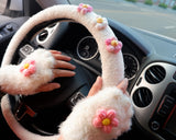 Crochet Driving Gloves for Women, Cute Faux Mink Plush Fingerless Driving Gloves, Pink Fluffy Flower Gloves, Winter Warm Gloves for Teens